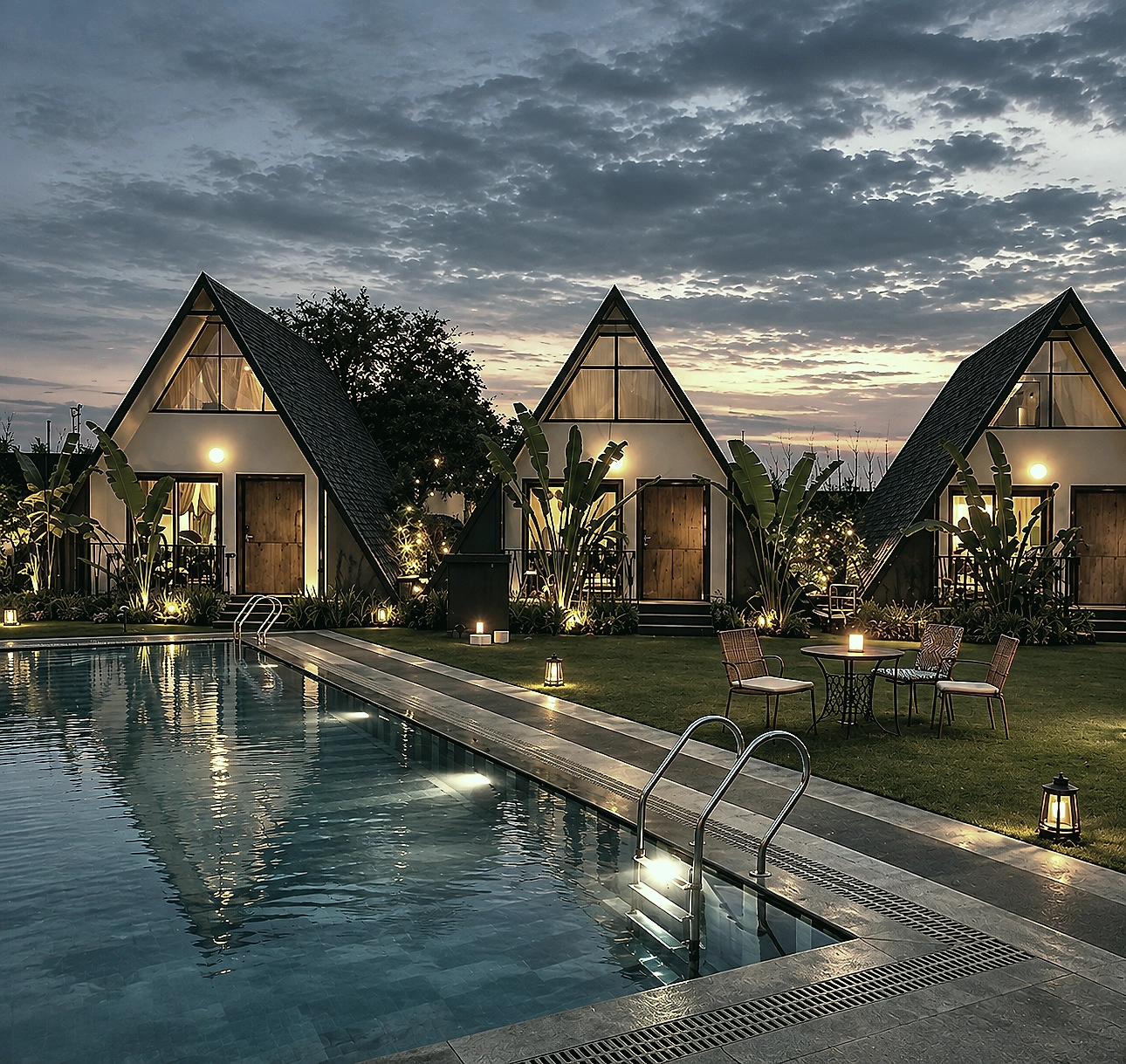 A-frame cottages beside a pool at dusk, at the resort where the residential day is held